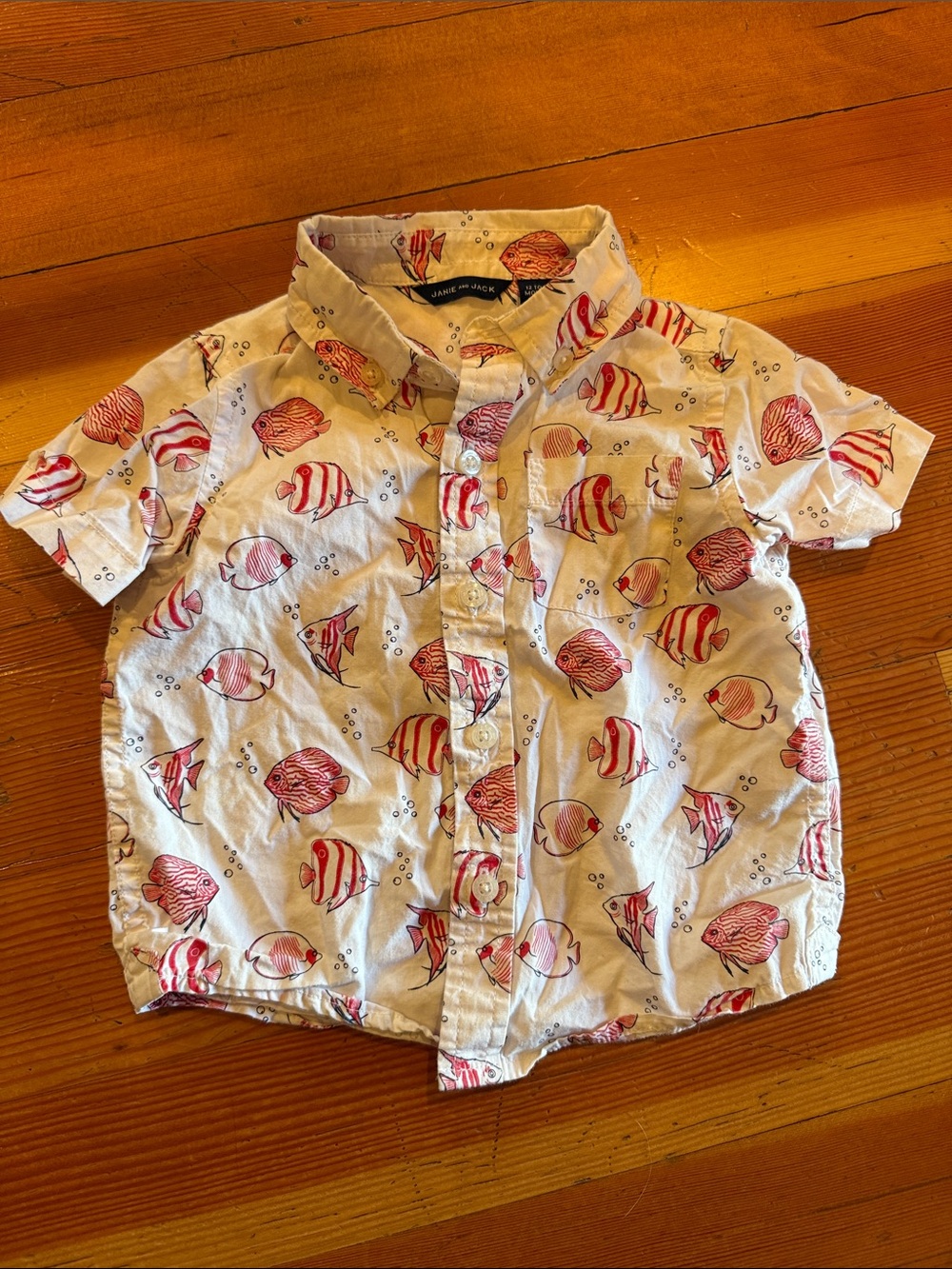 Janie and Jack White Button-Down Shirt with Red Fish Print